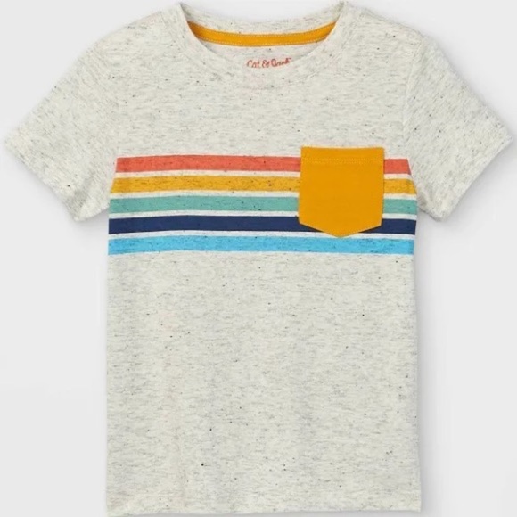 Cat & Jack Toddler Boys Size 3T Gray Rainbow Striped Pocket Short Sleeve T-Shirt - Picture 1 of 3